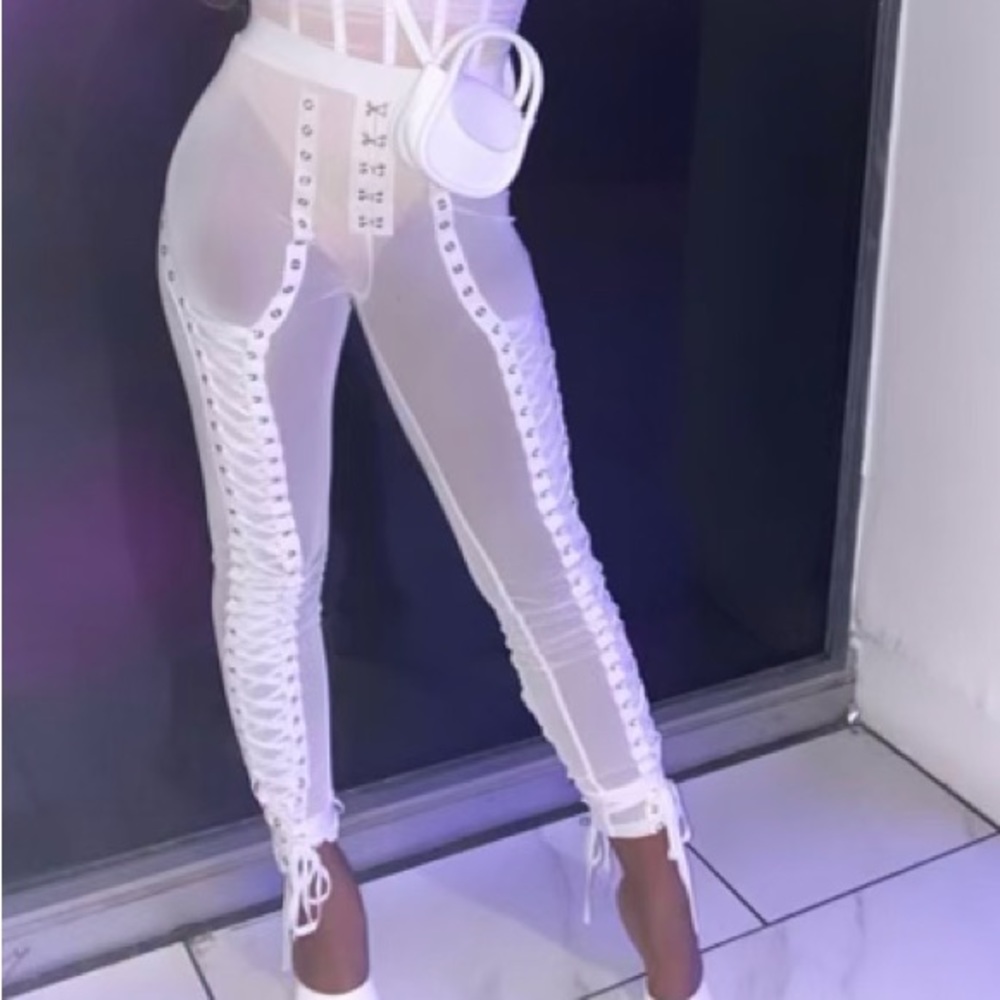 White lace up pants